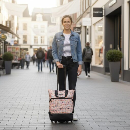 Nákupní taška na kolečkách Punta Wheel 10008-3998 meruňková s barevnými puntíky v ruce