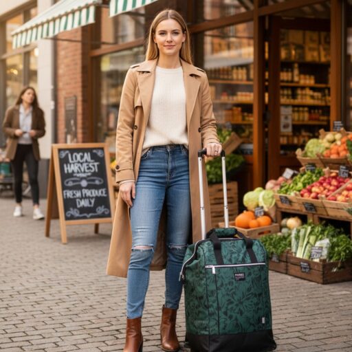 PUNTA wheel Velká nákupní taška na kolečkách 10303-2408 petrolejová s květy v ruce