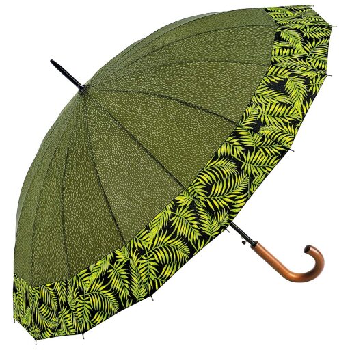 Dámský holový deštník s dřevěnou rukojetí s motivem listů C-COLLECTION Auto 402-3