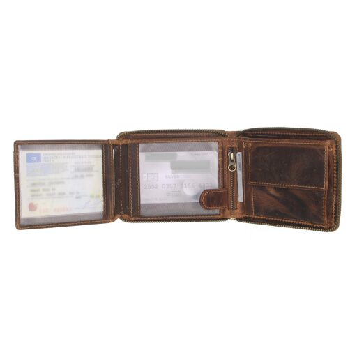 Greenburry Zipová kožená peněženka RFID Arlo 1666-25 hnědá otevřená